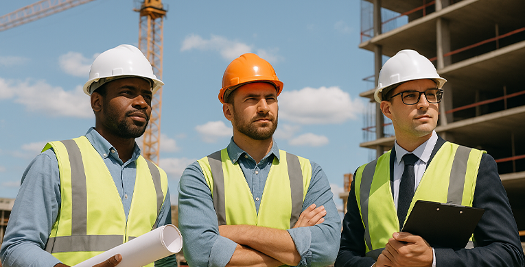 Inspection d’un chantier de construction par des ouvriers équipés de casques